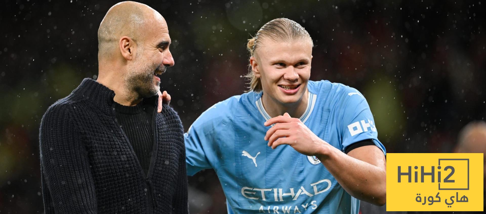 صور .. احتفال خاص بين غوارديولا وهالاند بعد التأهل لنهائي كأس الاتحاد